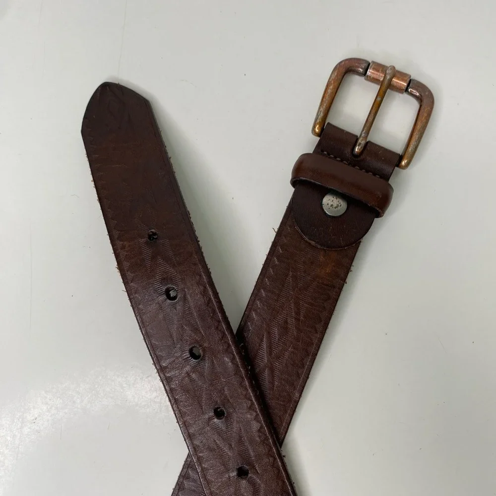Blackjack Mens Brown Leather Belt‎ Embossed Geometric Pattern Made in Canada 36